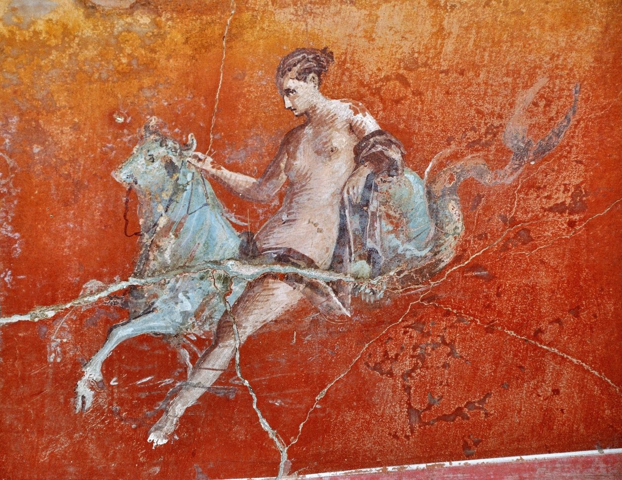 Oplontis, bij Napels, Italië (Napoli, Italia): muurschilderingen in Villa Poppaea - detail van Romeinse fresco, mythologische scène de ontvoering van Europa - Romeinse kunst - Foto Patrice Cartier - door Patrice Cartier