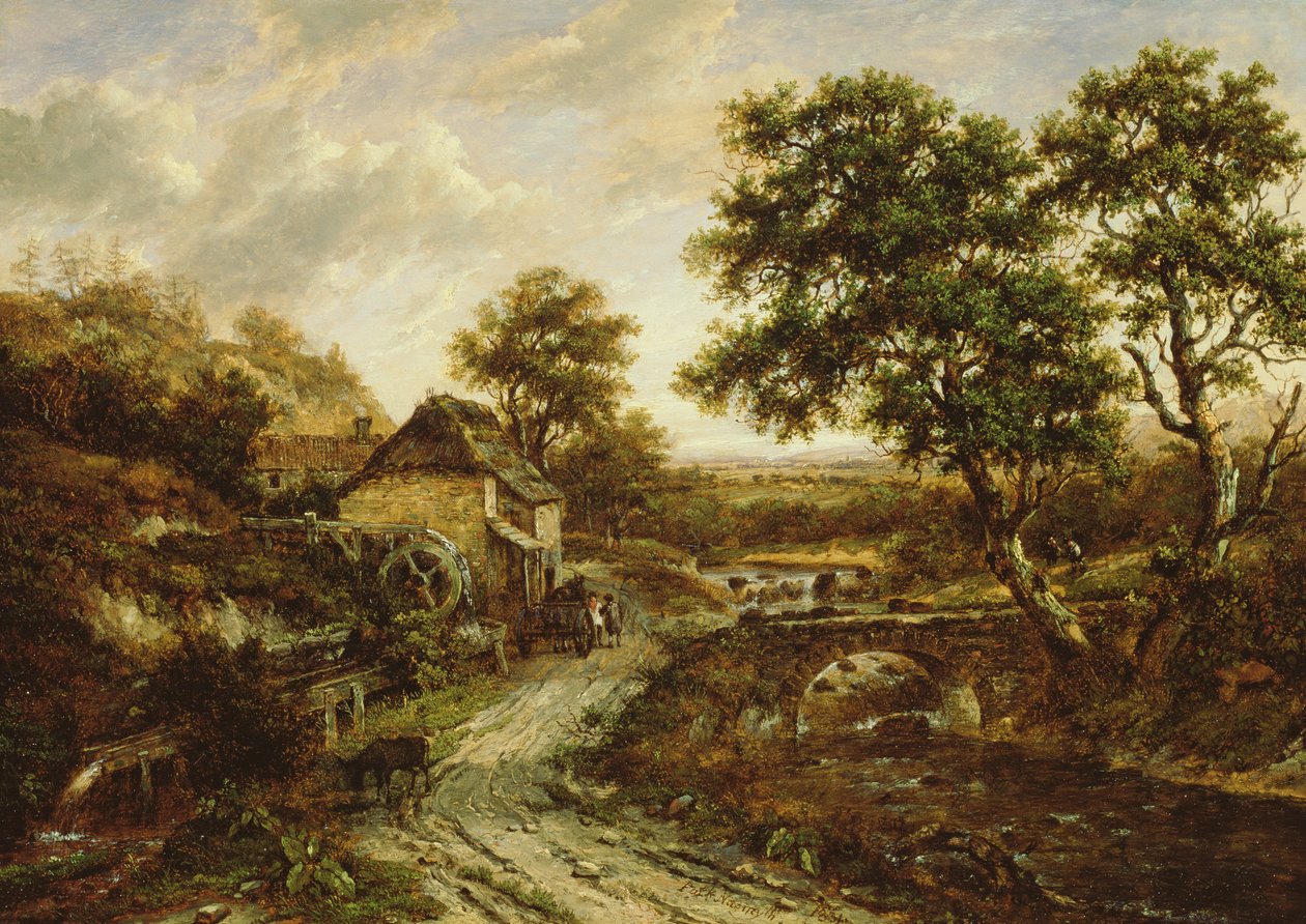 Overshot Flint Mill in landschap met waterval door Patrick Nasmyth