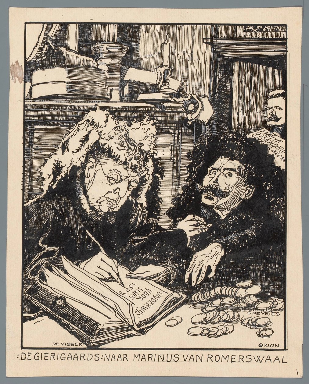 Ministers De Visser en Simon de Vries als de belastingontvangers De Gierigaards: naar Marinus van Romerwaal door Patricq Kroon (signed by artist)