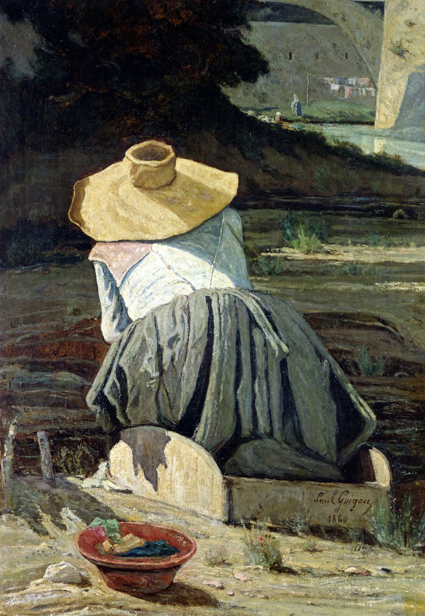 Wasvrouw bij de rivier, 1860 door Paul Camille Guigou