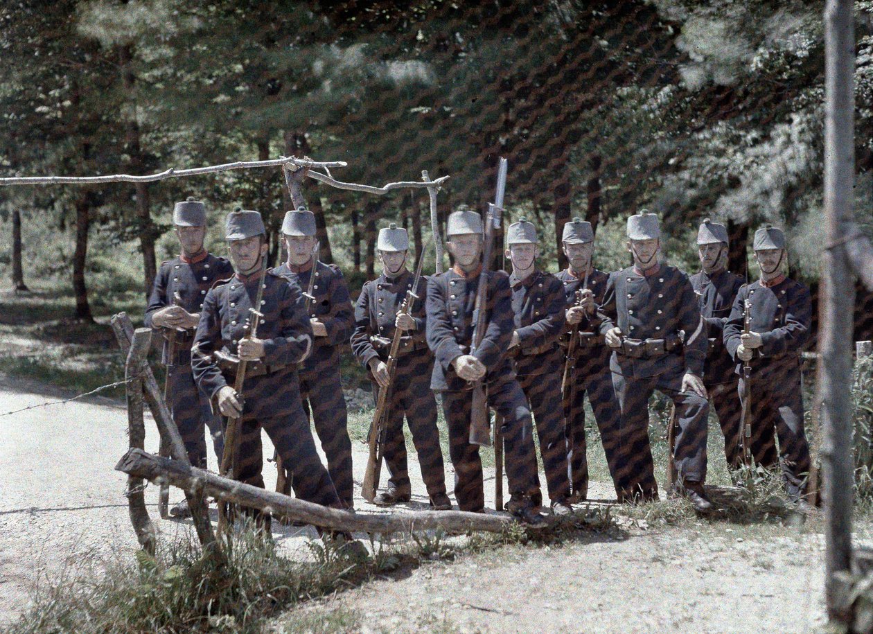 Een groep Zwitserse grenswachten achter een hek tussen Zwitserland en Frankrijk, Departement Haut-Rhin, Elzas, Frankrijk, 19 juni 1917 door Paul Castelnau