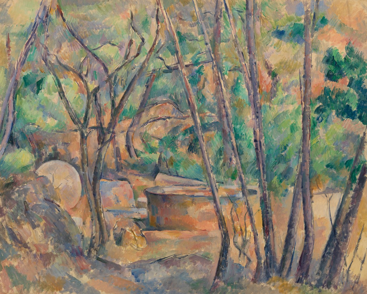 Molensteen en waterbak onder bomen, 1892-94 door Paul Cézanne