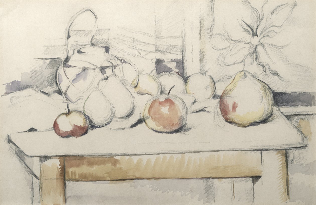 Pot gember en fruit op een tafel door Paul Cézanne