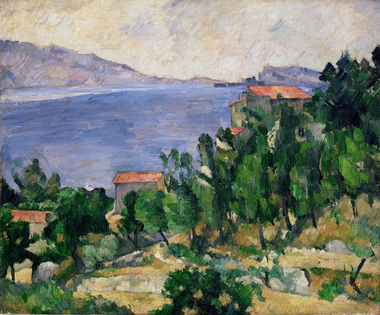 Uitzicht op de berg Marseilleveyre en het eiland Maire door Paul Cézanne