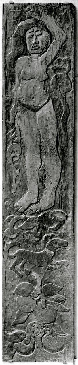 Gesneden verticale paneel van de deurpost van Gauguins laatste verblijf in Atuona op Hiva Oa (Marquesas Eilanden) door Paul Gauguin