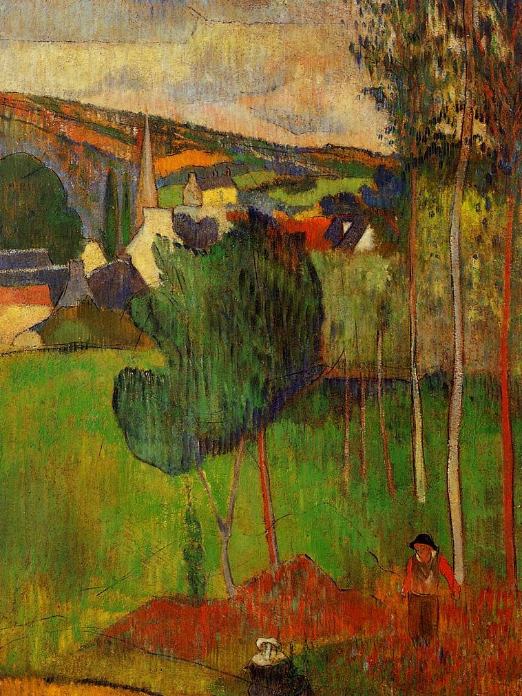 Uitzicht op Pont-Aven vanaf Lezaven door Paul Gauguin