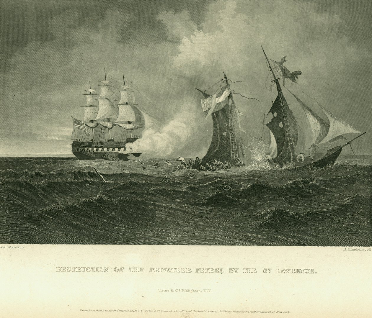 Afdruk van zinkend schip met verschillende zeelieden in de voorgrond door Paul Manzoni and R. Hinshelwood