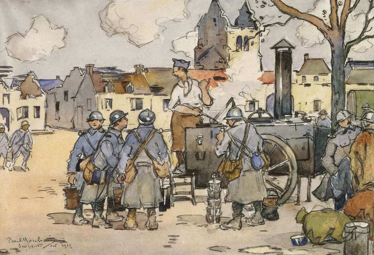 Franse sluipschutters bij een veldkeuken, Marne, oktober 1915 door Paul Morchain