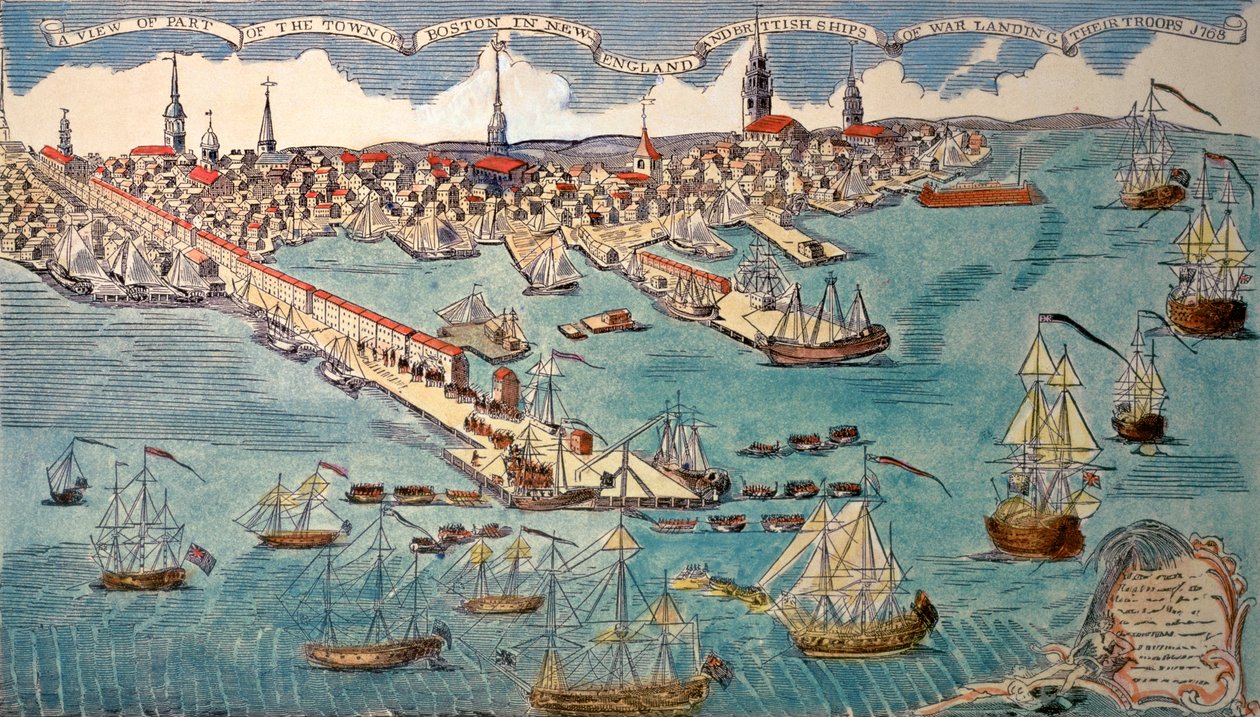 Een Zicht op een Deel van de Stad Boston in New England en Britse Oorlogsschepen die hun Troepen Landen, 1768 door Paul Revere