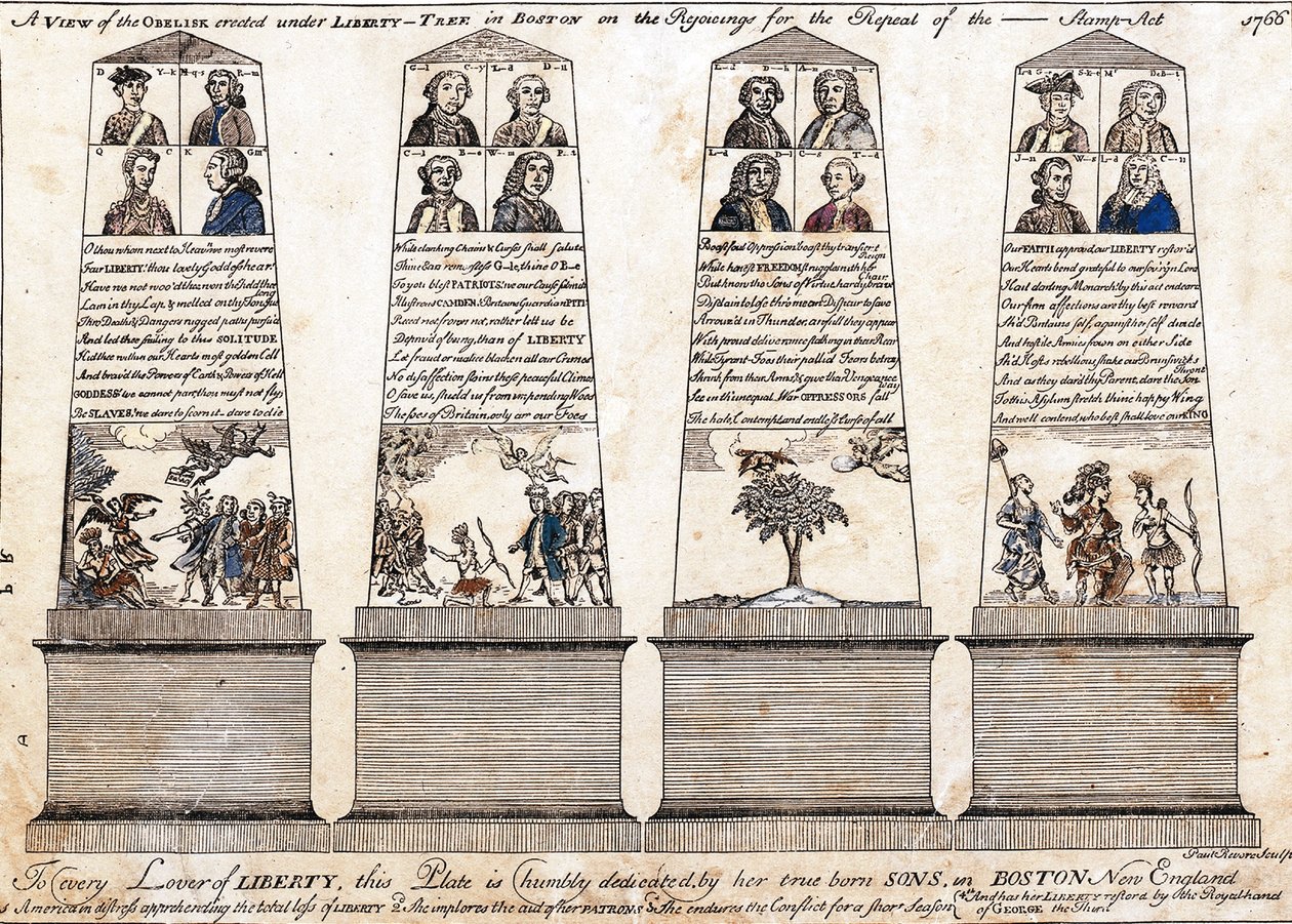 Een uitzicht op de obelisk opgericht onder Liberty-tree in Boston bij de vreugde over de intrekking van de Stamp Act 1766 door Paul Revere