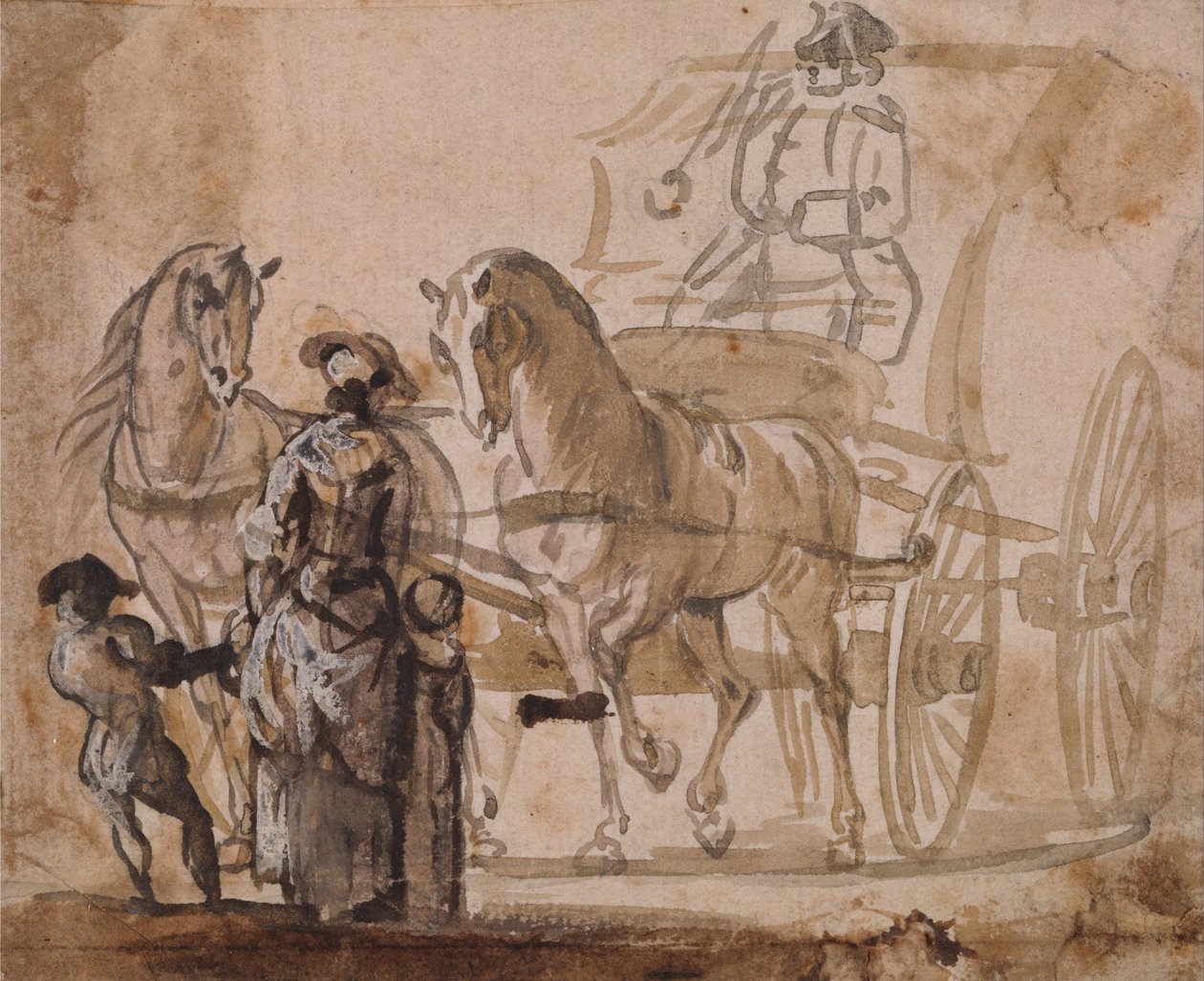 Een koets met een paar paarden en koetsier door Paul Sandby