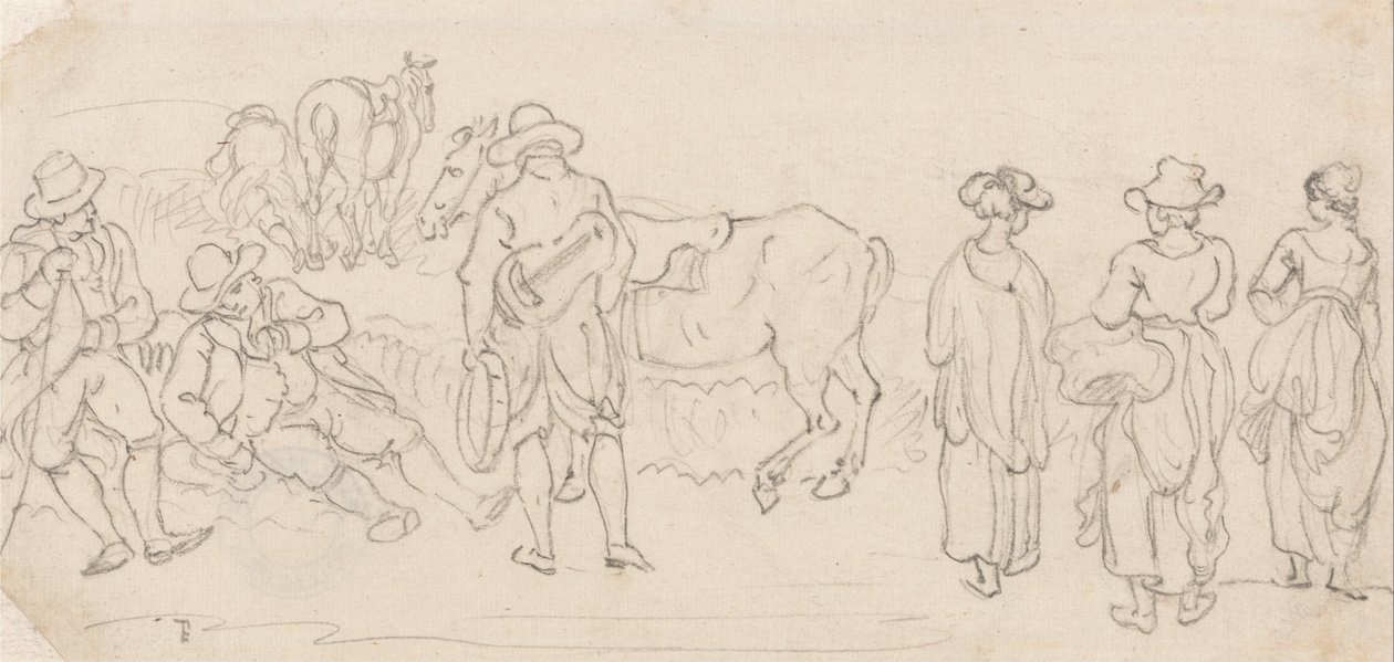 Figuur met luit en tamboerijn, met andere figuren - mannen rusten, plattelandsvrouwen, paarden, enz. door Paul Sandby