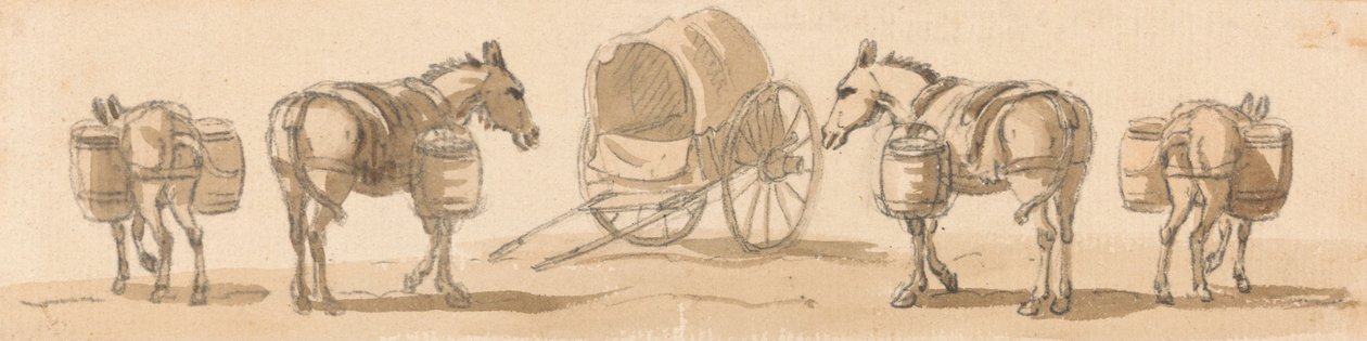Vier muilezels met manden en een kar door Paul Sandby