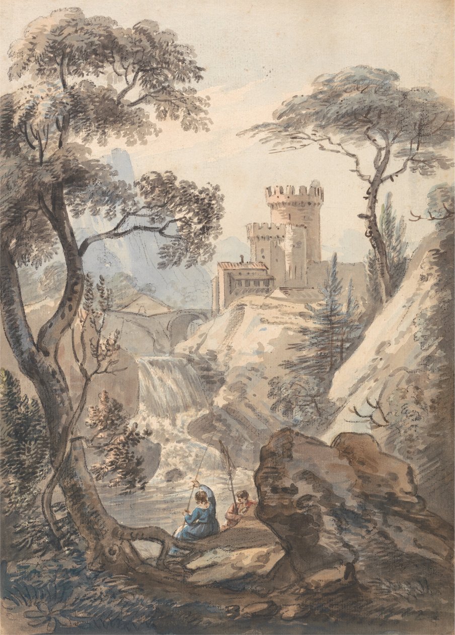 Italiaans landschap met kasteel, waterval en vissers door Paul Sandby