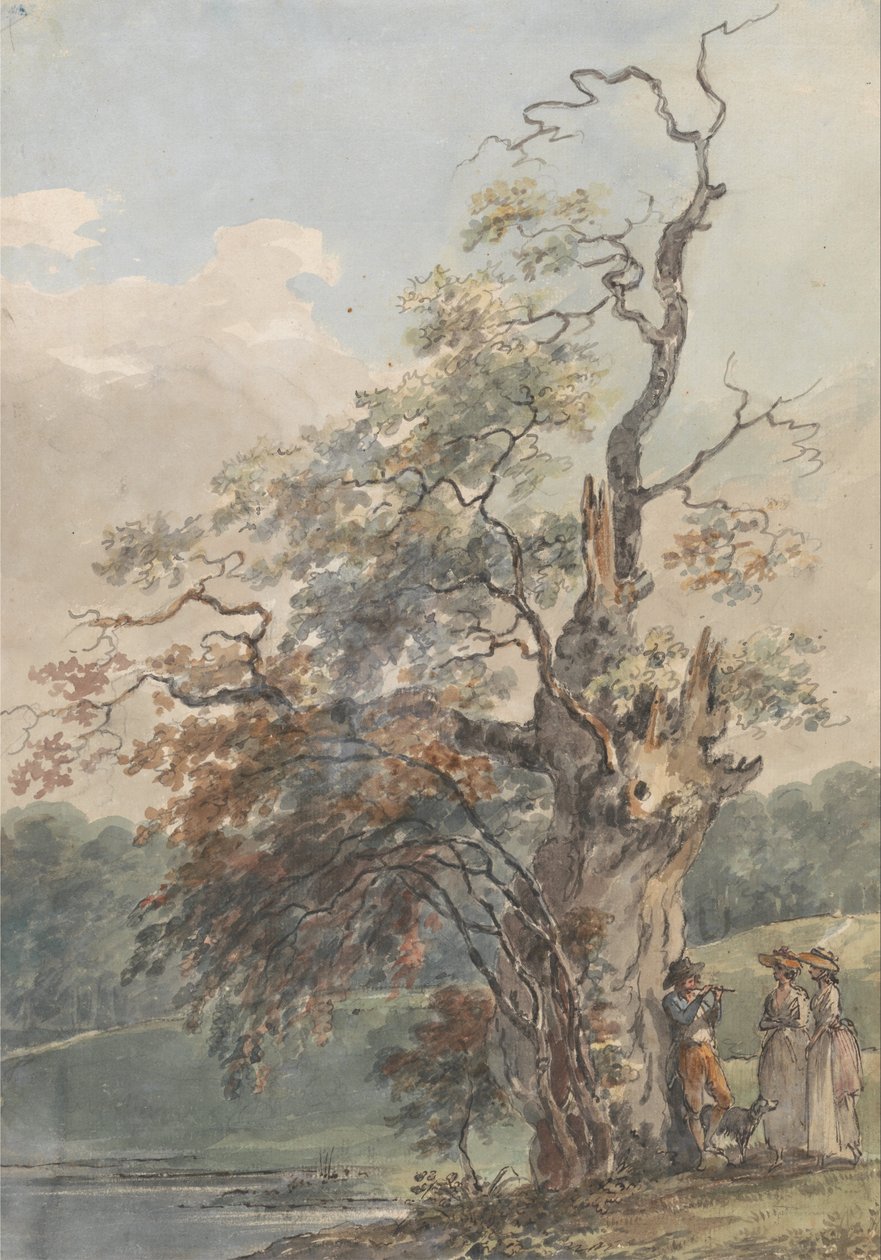 Landschap met een man die een pijp speelt onder een oude boom door Paul Sandby