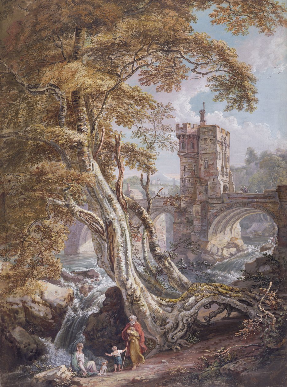 Zicht op de Oude Welshe Brug, Shrewsbury, ca. 1770 door Paul Sandby