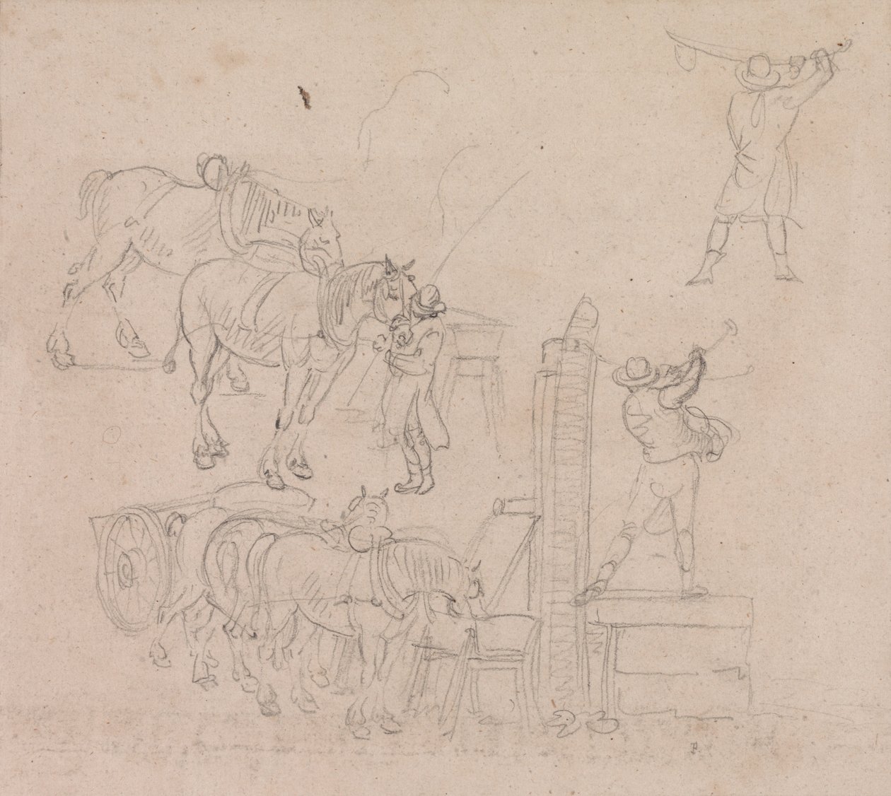 Studies van een voerman die water pompt voor zijn paarden door Paul Sandby