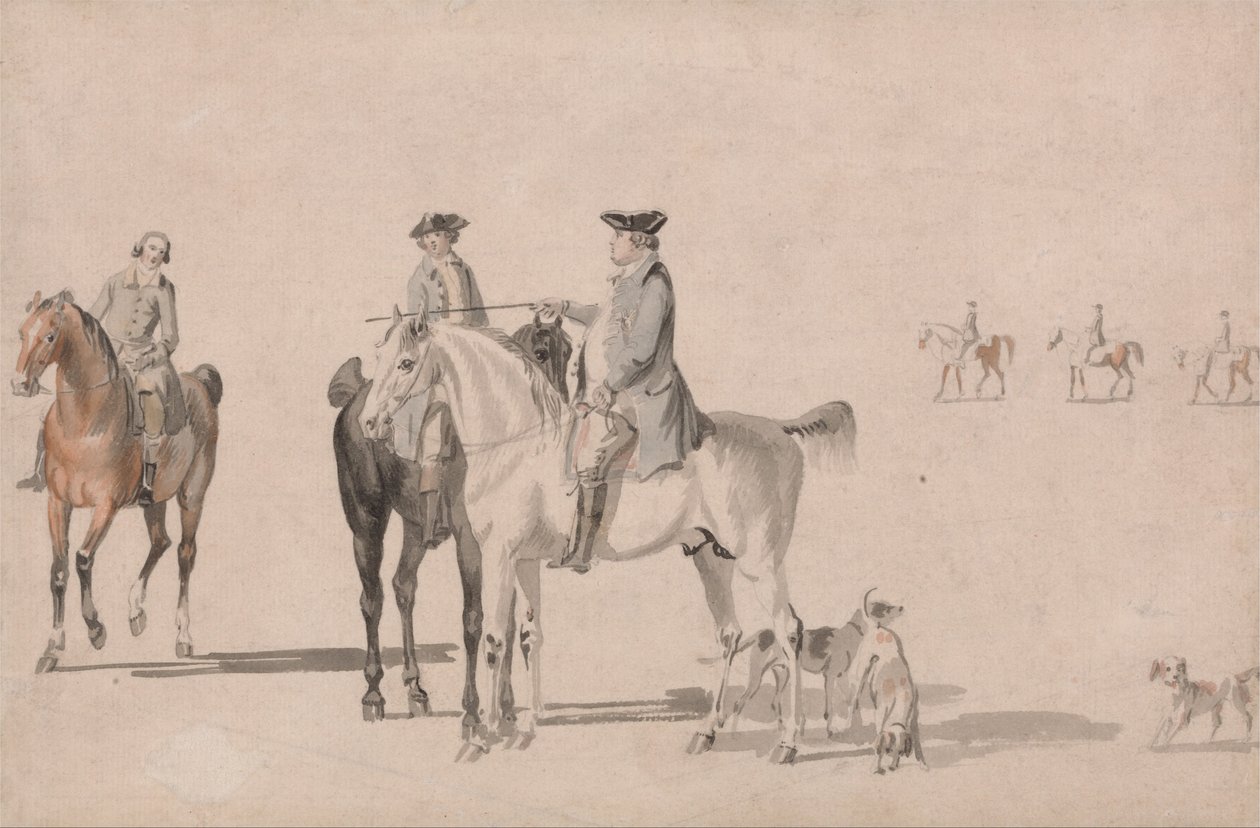 De Hertog van Cumberland met een Heer en een Staljongen, allen te paard, en Honden door Paul Sandby