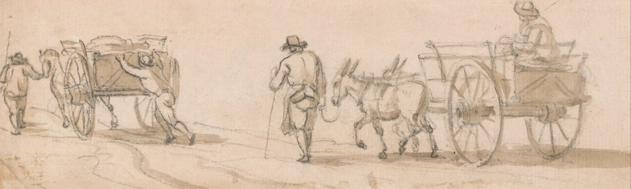 Twee-wielige kar en figuren door Paul Sandby