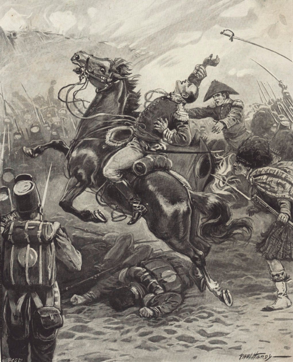 De dood van Edward Pakenham bij de Slag om New Orleans (litho) door Paul (after) Hardy