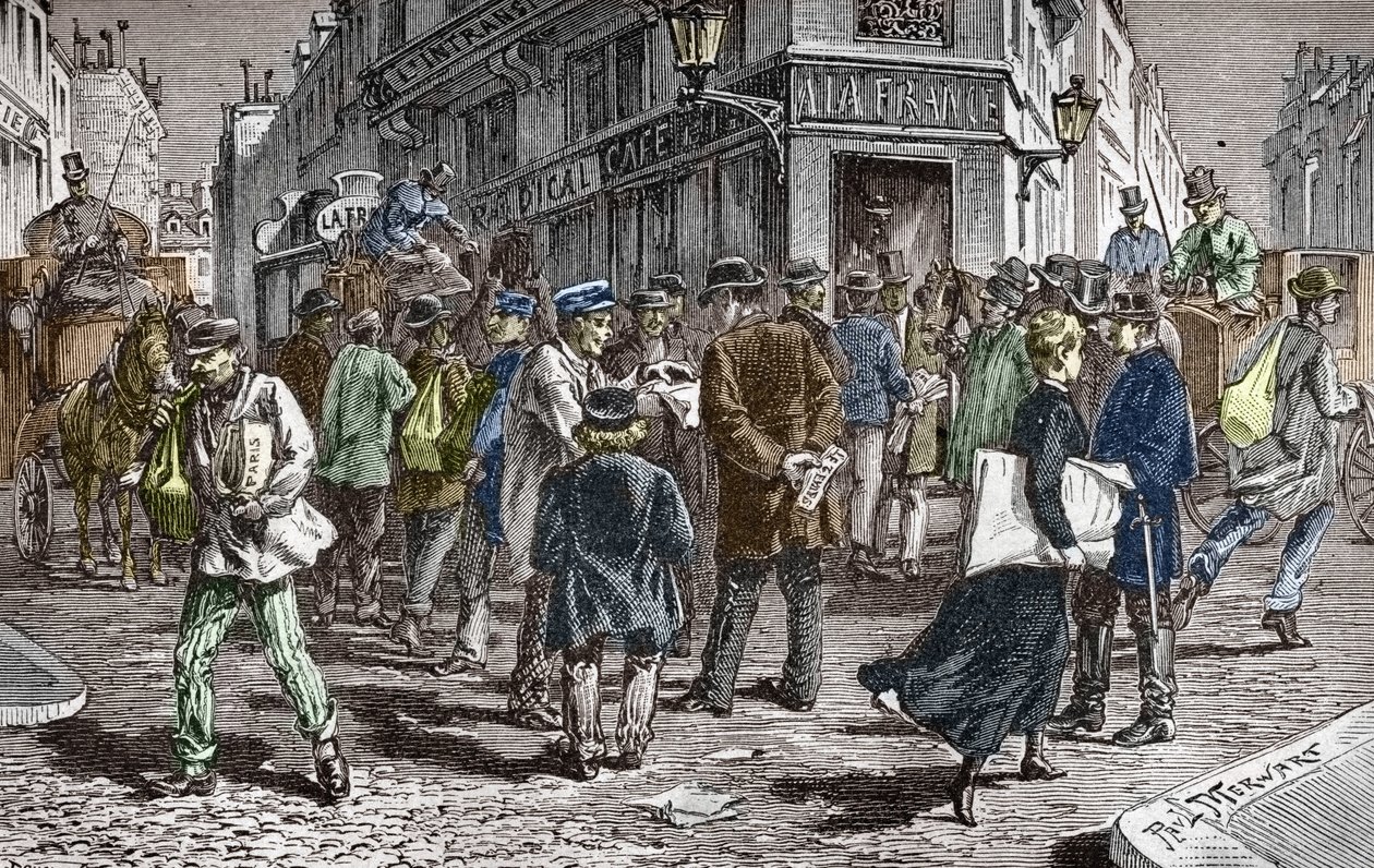 Uitzicht op de Rue du Croissant in Parijs, zetel van vele kranten door Paul (after) Merwart