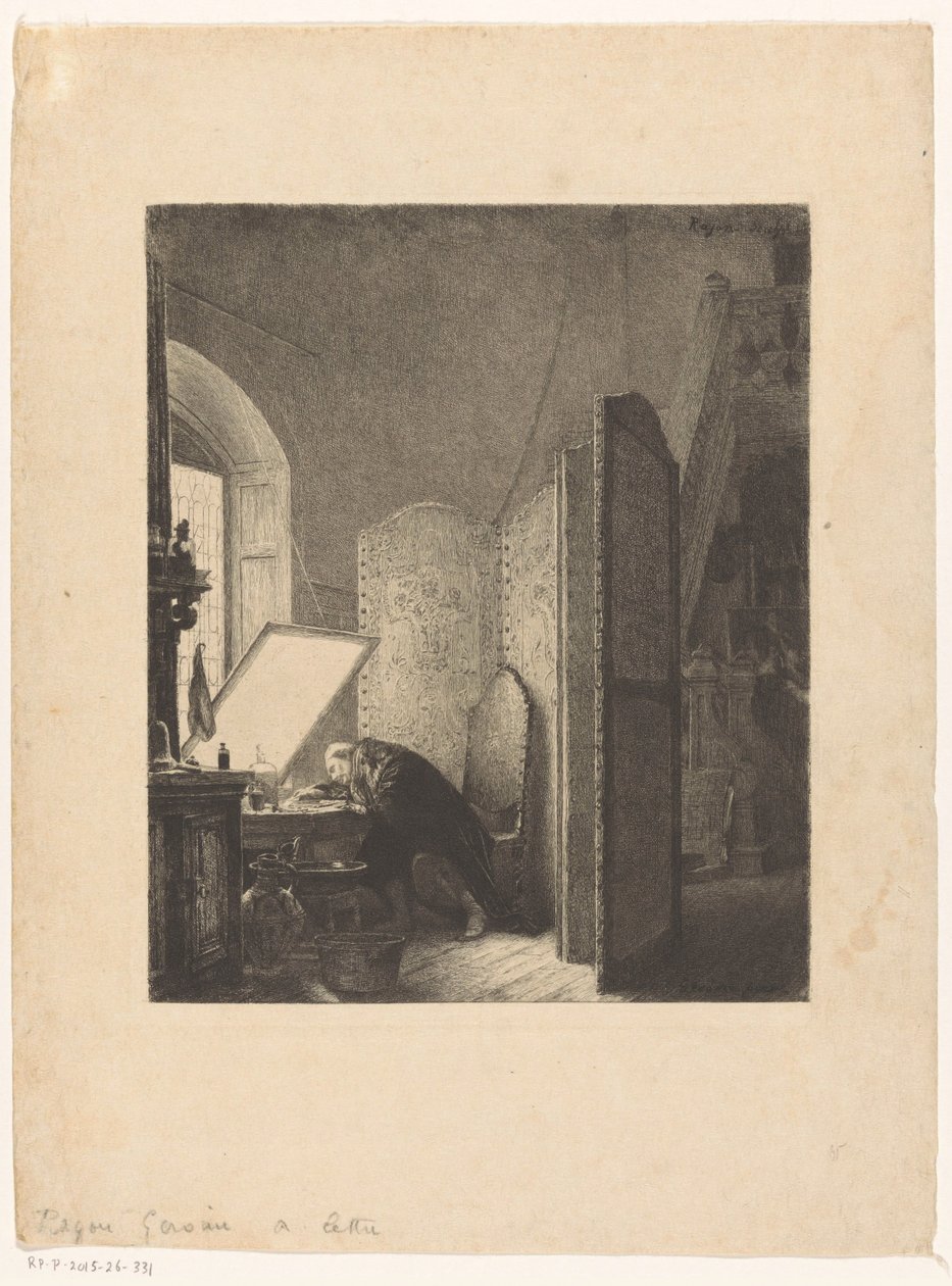 Rembrandt etsend in zijn atelier door Paul Adolphe Rajon