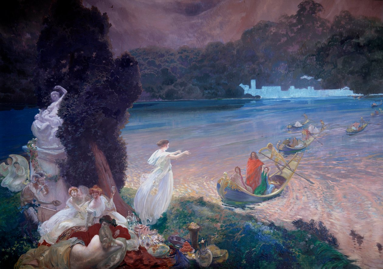 Gelukkig Eiland: scène van fabel die boten toont die gasten naar een banket op het gras brengen (detail) door Paul Albert Besnard