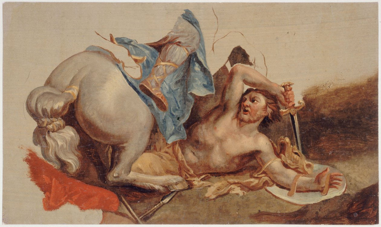 Studie van een gevallen paard en ruiter, naar Le Brun (olieverf op papier) door Paul Baudry