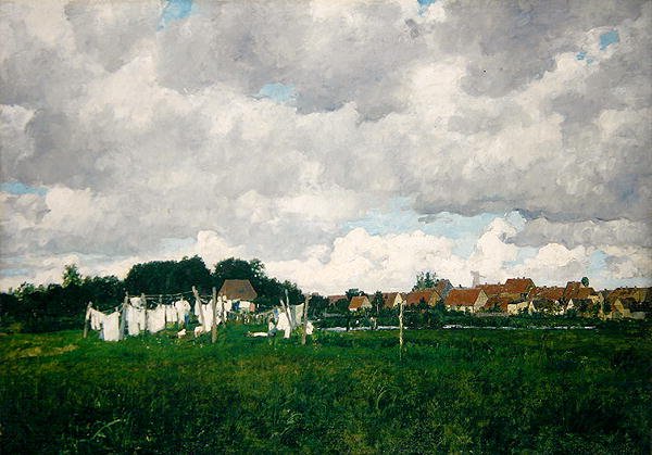 Mecklenburg, landschap met het stadje Schwann aan de Warnow door Paul Baum