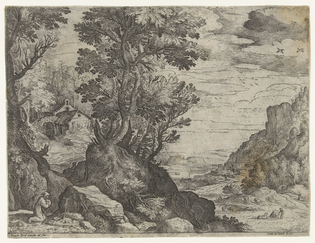Berglandschap met biddende kluizenaar door Paul Bril