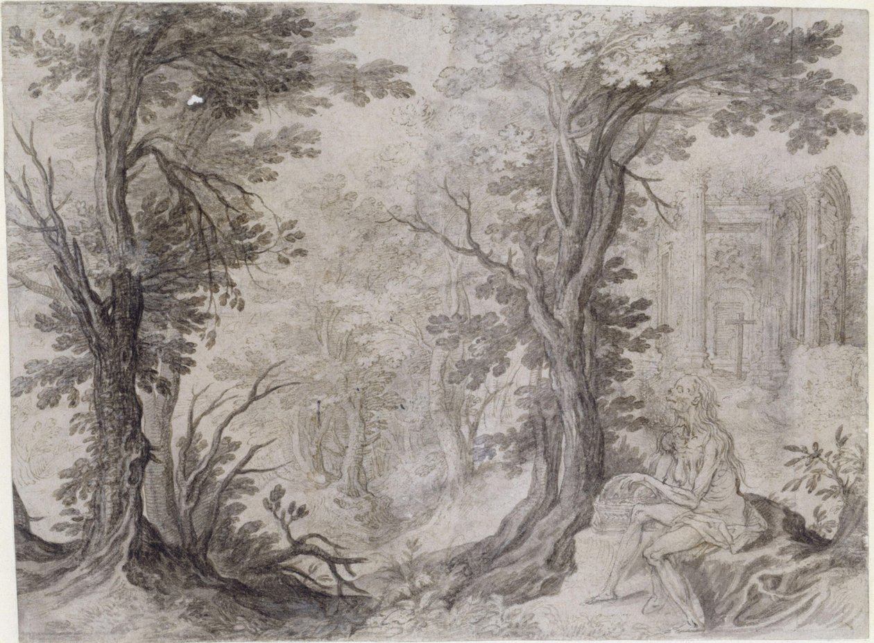 De heilige Magdalena in eenzaamheid. De uitgemergelde boeteling zit op een verhoging en houdt een mand naast zich vast. Boven haar, op de achtergrond, staat een vervallen rond tempeltje, een vrije kopie van de tempel van de Sibille in Tivoli, met daarvoor  door Paul Bril