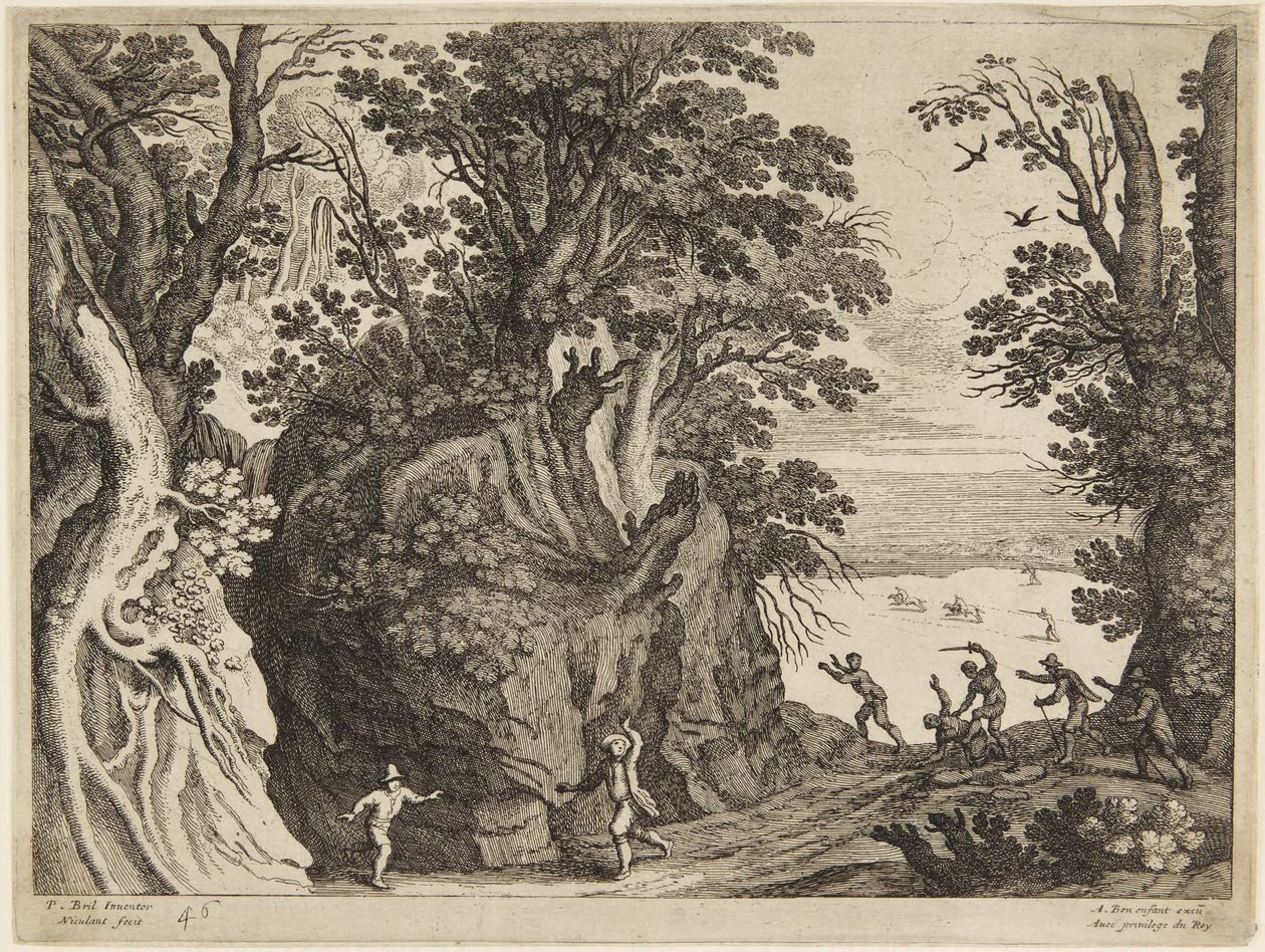 Gevecht tussen mannen in een rotsachtig landschap door Paul Bril
