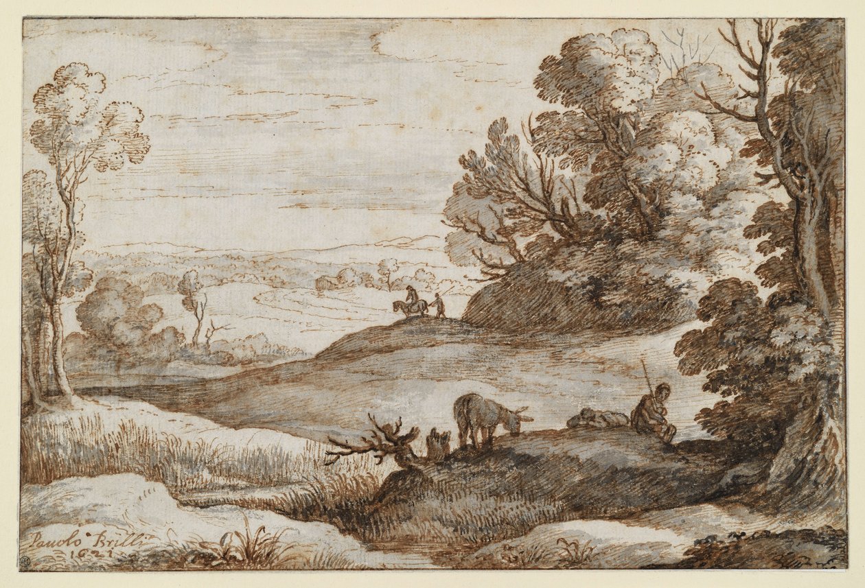 Heuvelachtig landschap met bomen en uitzicht; op de voorgrond twee mannen en een ezel door Paul Bril