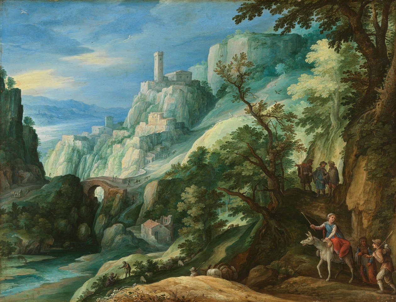 Italiaans berglandschap met de tocht naar Emmaüs door Paul Bril