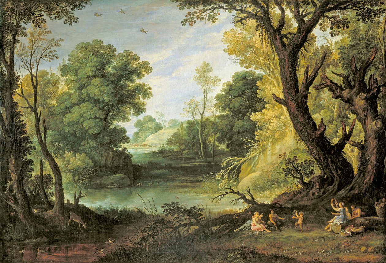 Landschap met Nimfen en Saters door Paul Bril