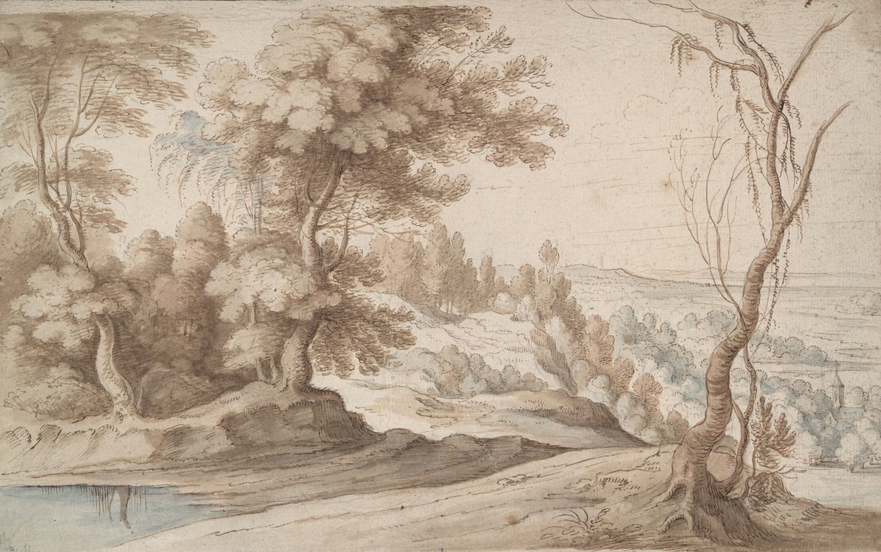 Landschap met bomen en uitzicht op een dal door Paul Bril