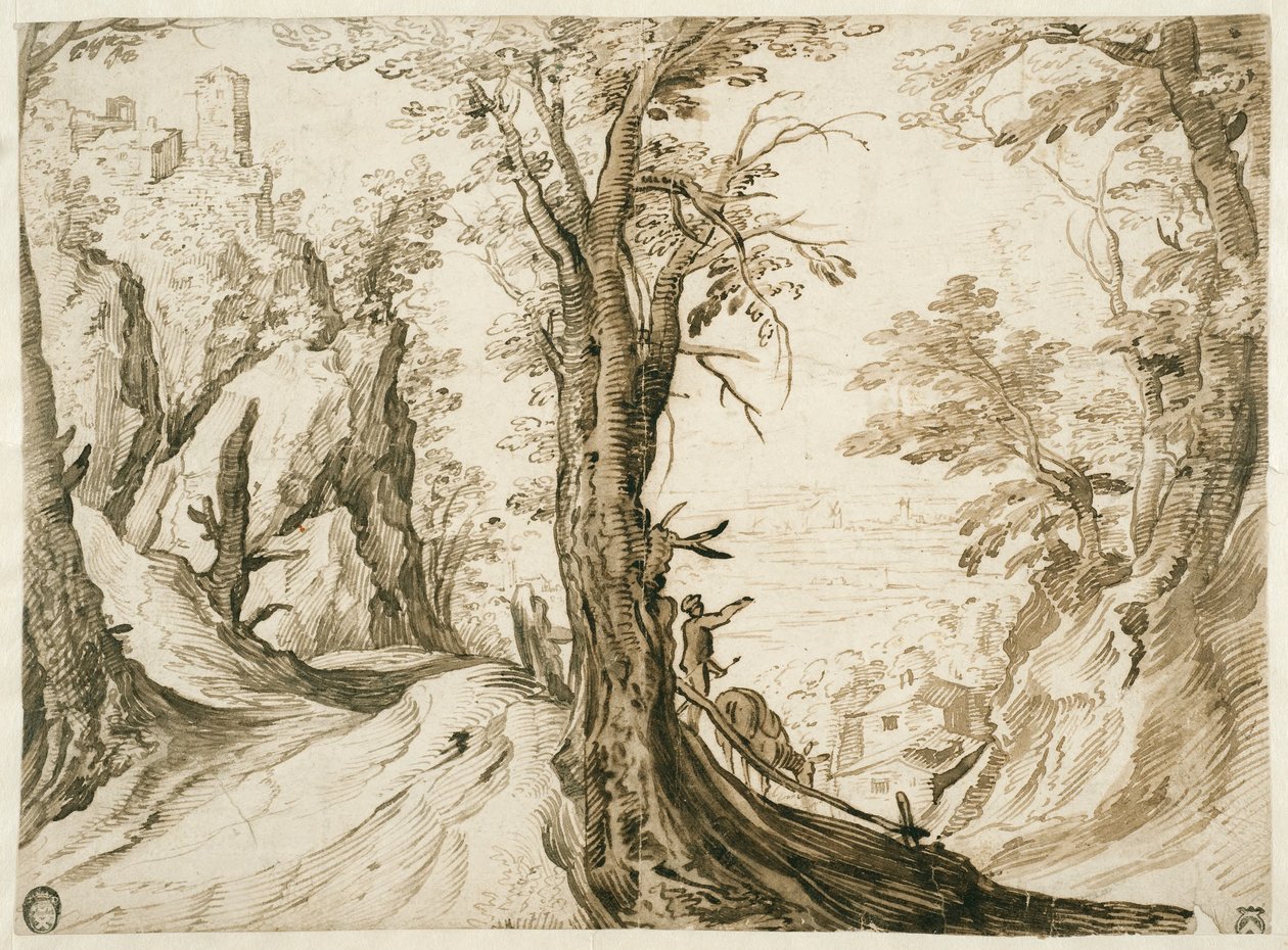 Berglandschap met een weg die naar een dal afdaalt door Paul Bril