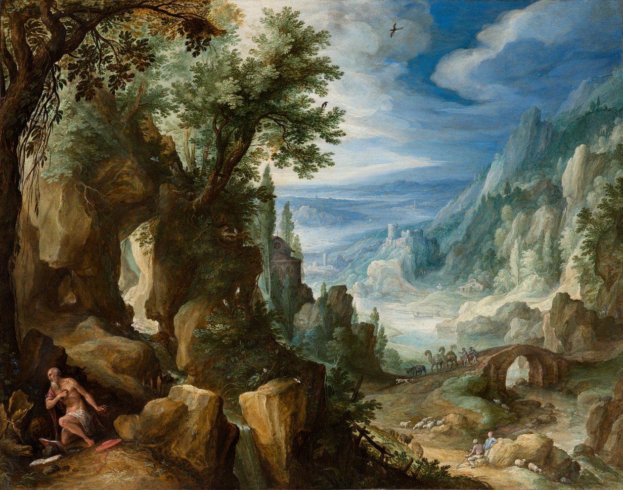 Berglandschap met de heilige Hiëronymus door Paul Bril