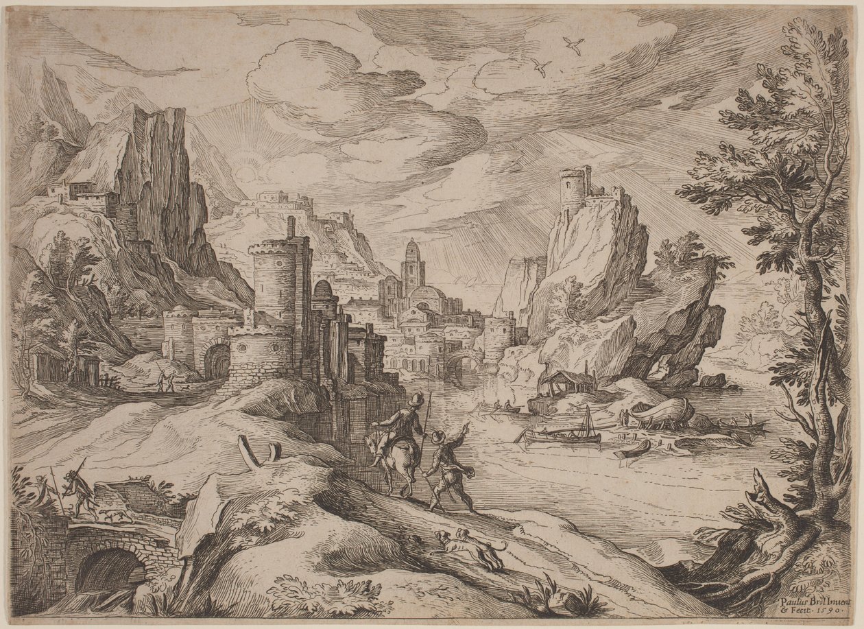 Rivierlandschap met reizigers door Paul Bril