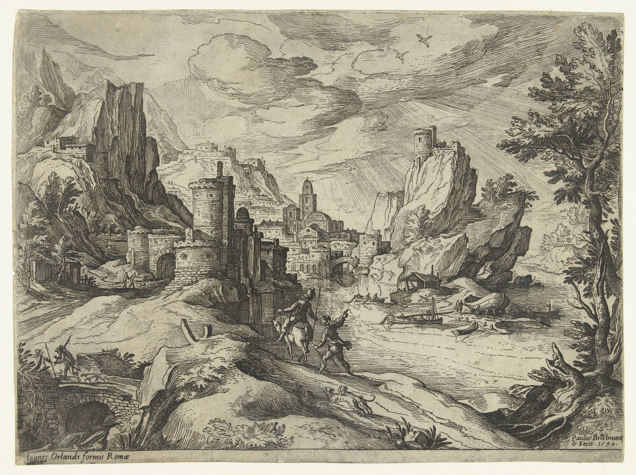 Rotskust in Campania met stad en reizigers door Paul Bril