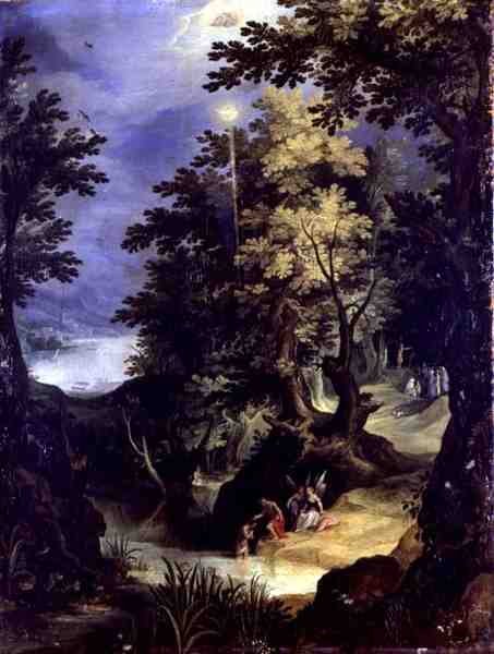 Landschap met de doop van Christus en de dooppreek door Paul Brill or Bril
