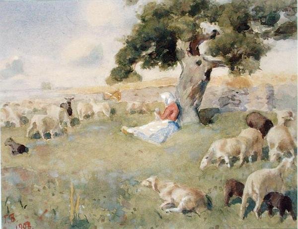 Herder met een kudde schapen door Paul Burman