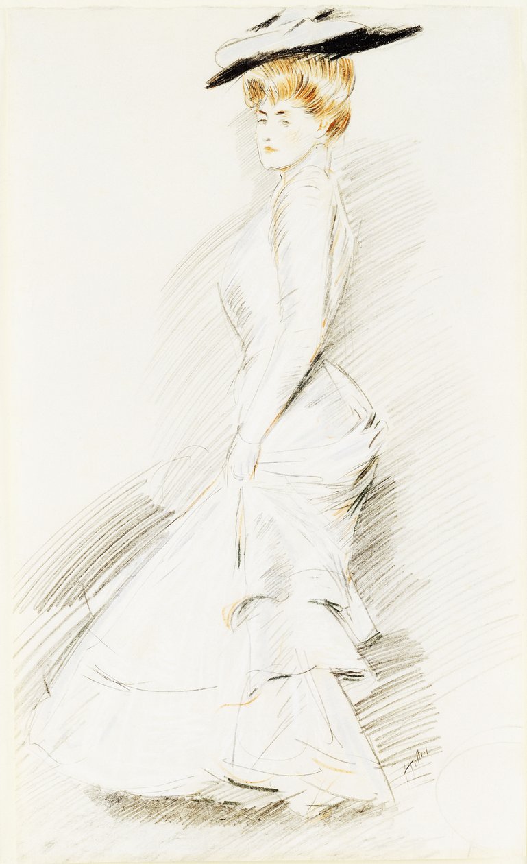 Een elegante dame in een witte jurk door Paul Cesar Helleu