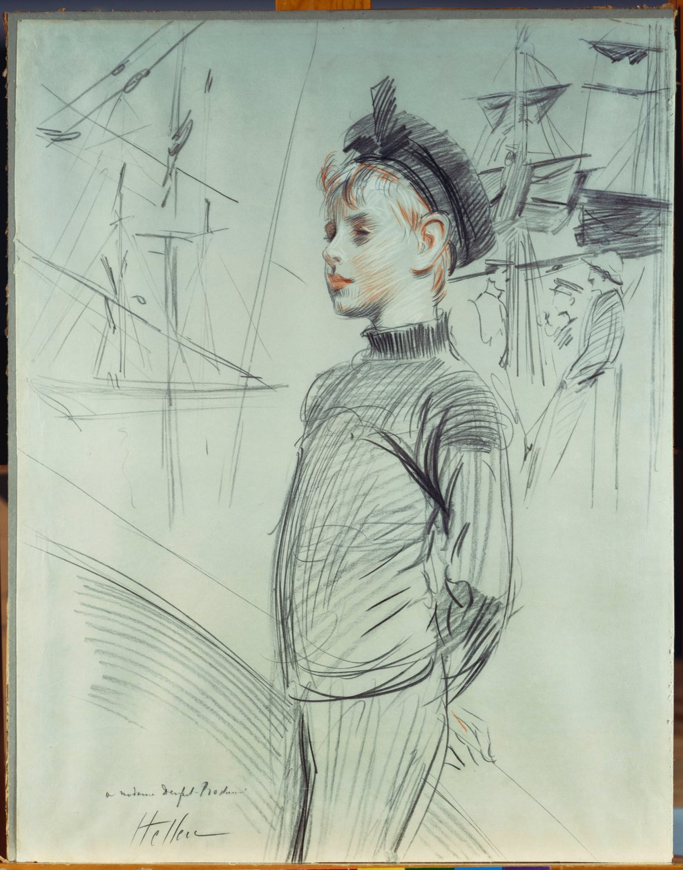 Portret van een jonge jongen in een matrozenhoed en coltrui, met schepen op de achtergrond door Paul Cesar Helleu