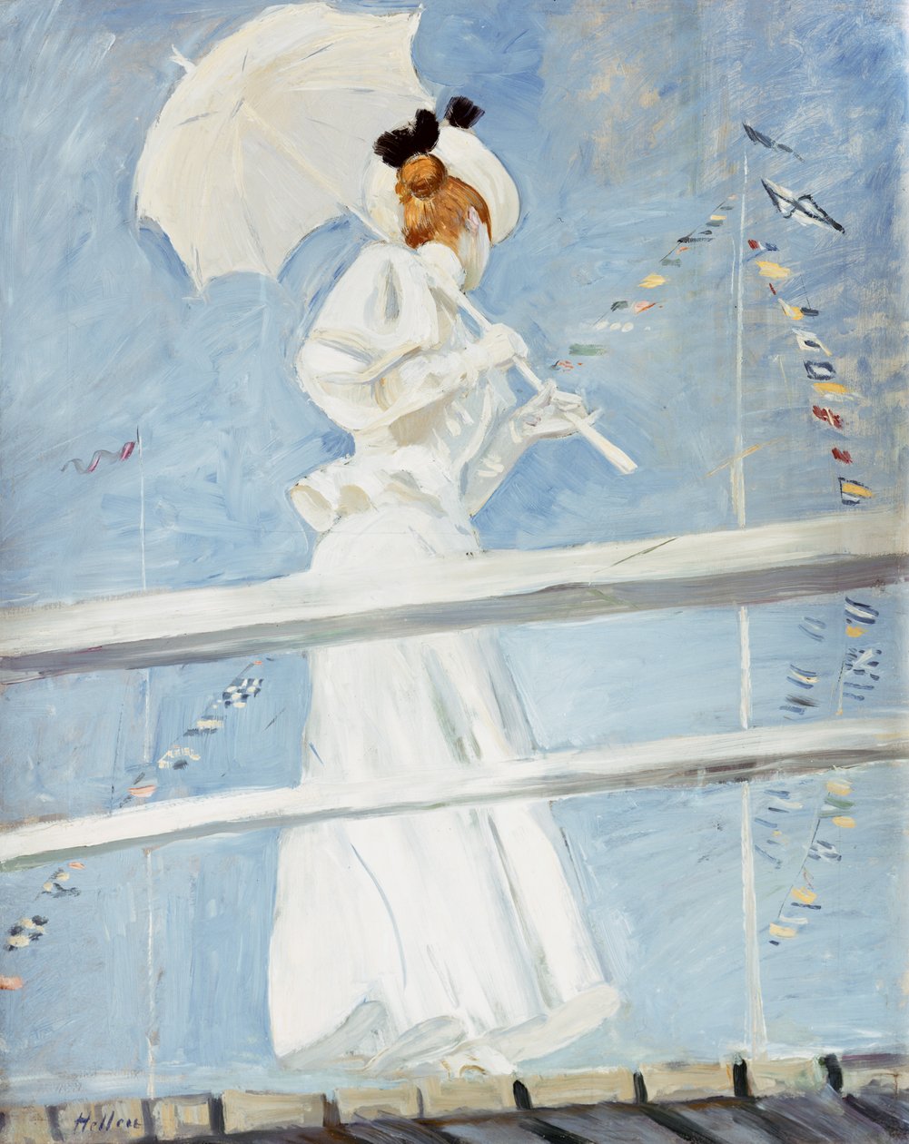 Jonge vrouw met een parasol op een steiger door Paul Cesar Helleu