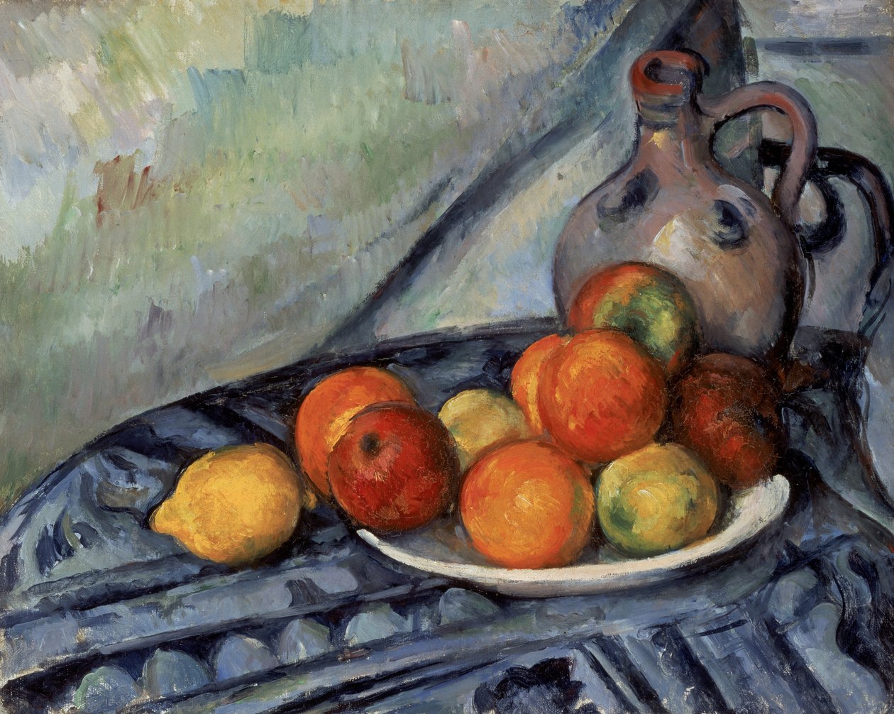Fruit en een kruik op een tafel door Paul Cézanne