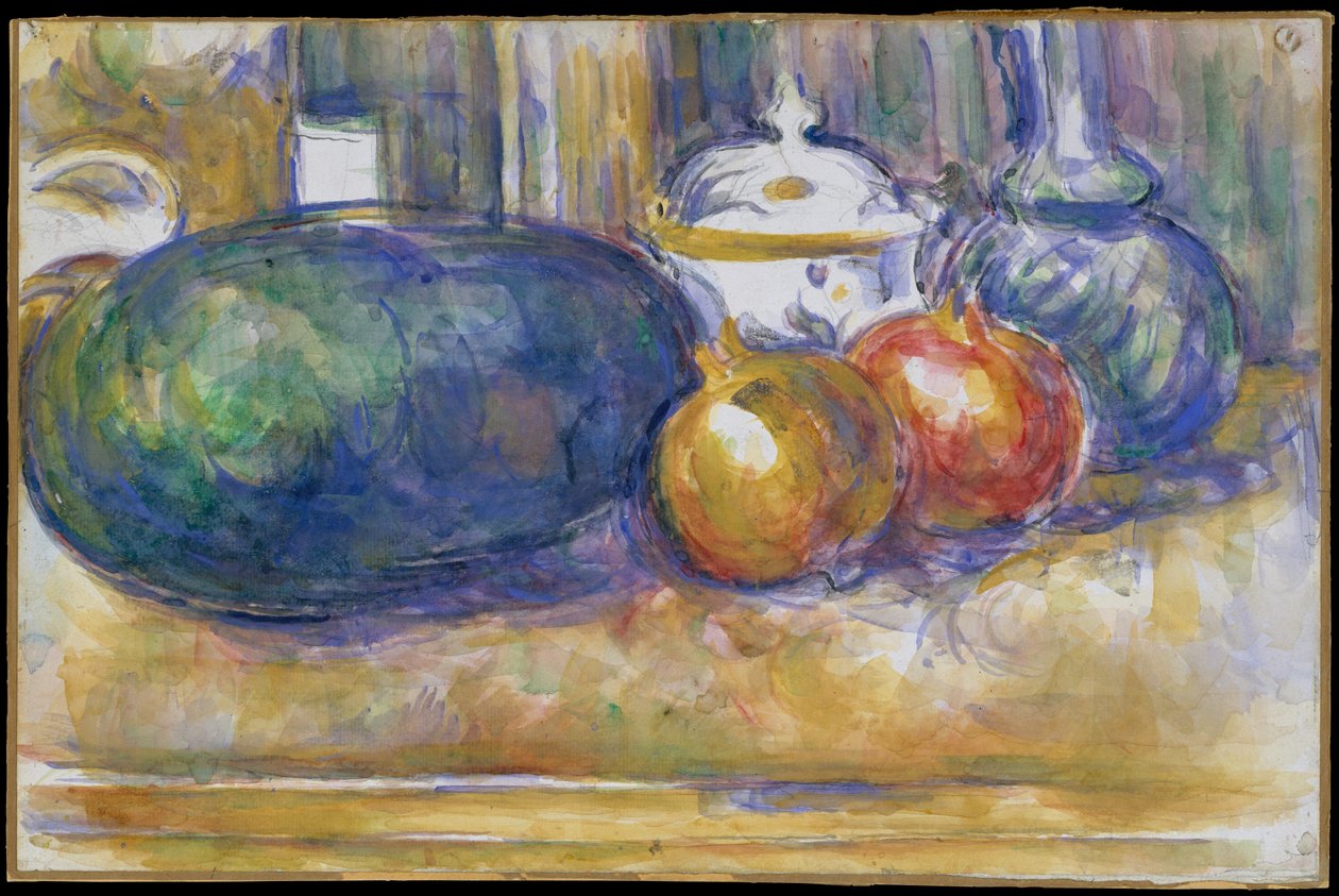Stilleven met een watermeloen en granaatappels door Paul Cézanne