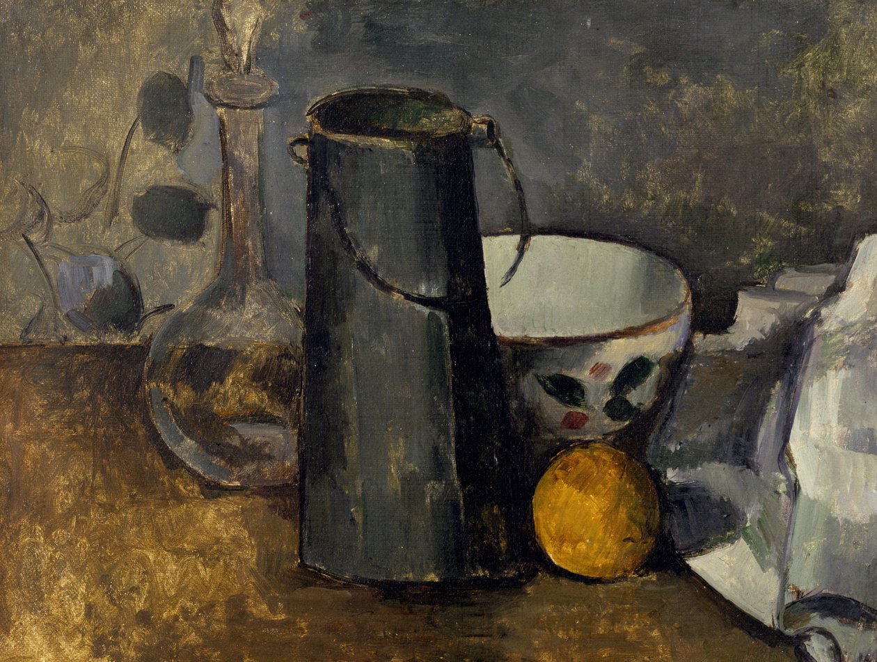 Stilleven met Karaf, Melkkan, Kom en Sinaasappel door Paul Cézanne