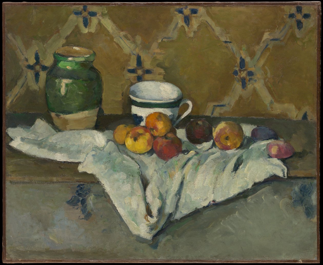 Stilleven met kruik, beker en appels door Paul Cézanne