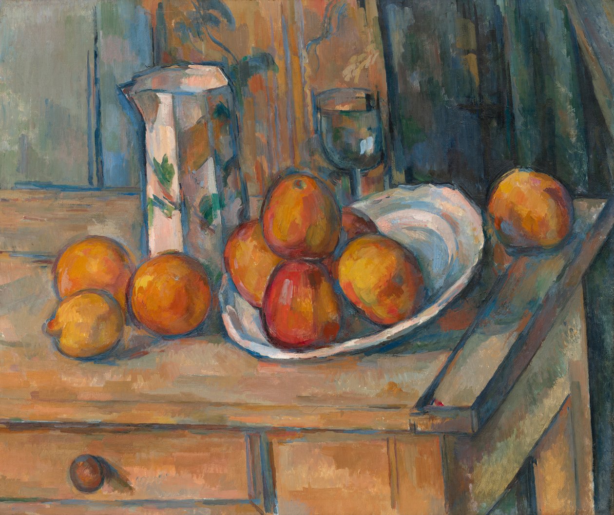 Stilleven met Melkkruik en Fruit door Paul Cézanne